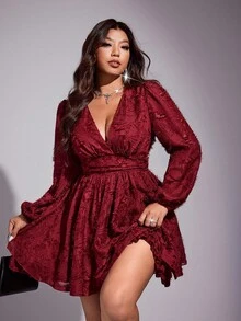 Váy mùa hè tay dài bó sát vai chéo gợi cảm cỡ lớn - Màu Đỏ Sâu - Xem 1