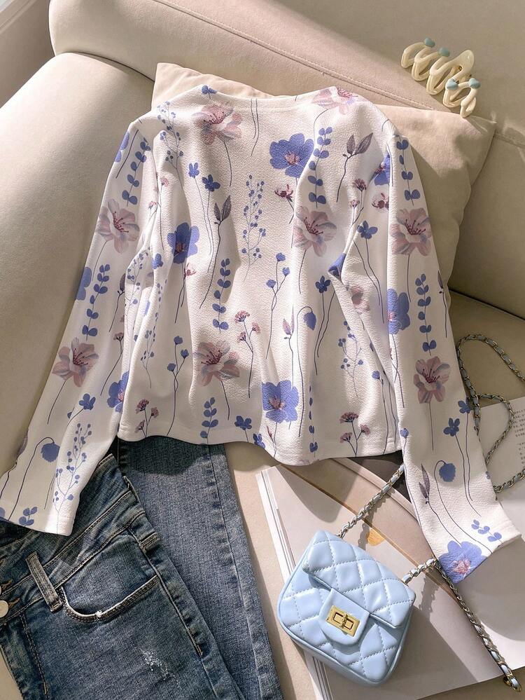 青少年女孩优雅花卉印花开衫夹克，适合夏季和秋季 - 白色 - 查看 2