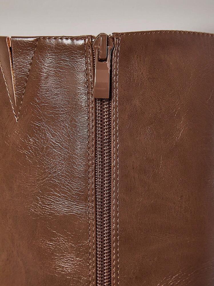 SHUZIA 女士日常基本款舒适拉链中筒油性PU细高跟靴 - 駝色 - 查看 5