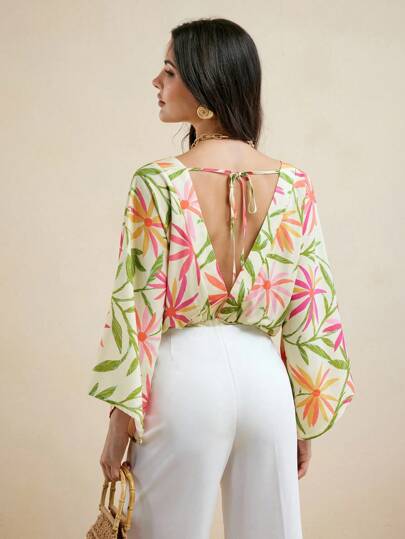 Miriam Omar Multi Floral Printed V Neck Tie Back Flared Sleeves Summer Bodysuit Women Casual Vacation