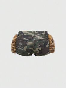 ROMWE J-Fashion Quần short denim cạp siêu thấp họa tiết ngụy trang, ngôi sao, họa tiết camo Kpop Y2K - xanh quân đội - Xem 2