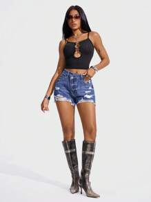 SHEIN ICON 休闲时尚百搭性感修身纽扣前开襟女式牛仔短裤 - 深色水洗藍 - 查看 4