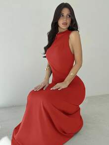 Firerie 女士优雅不对称肩部收腰A字型无袖针织连衣裙，紫红色，适合度假、海滩、派对 - 紅色 - 查看 3