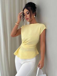 Elenzga 优雅简约不对称腰部设计浅黄色纯色面料女式上衣 - 黃色 - 查看 6