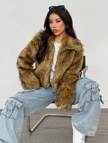 SHEIN PETITE Short Solid Color Fluffy Patchwork Fluffy Coat Y2k Fur Jacket In Fall/Winter ,Petite Women - Camel - View 10
