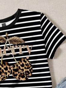 SHEIN EZwear 休闲简约豹纹樱桃印花黑白条纹圆领短袖宽松T恤女夏季 - 彩色 - 查看 3