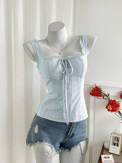 Sweetra 女式蕾丝刺绣吊带背心，甜美法式无袖修身背心，适合分层穿着或外套，方领，修身，百搭