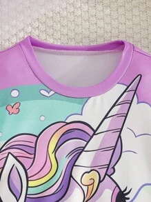 Elladie kids Đầm thời trang thường ngày cổ tròn họa tiết kỳ lân hoạt hình dễ thương cho bé gái, ôm sát eo, thích hợp cho tiệc tùng ngày lễ, kỳ nghỉ, mùa hè - Màu tím - Xem 4