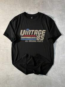 Manfinity Dauomo 男士夏季字母印花圆领短袖休闲T恤 - 黑色 - 查看 1