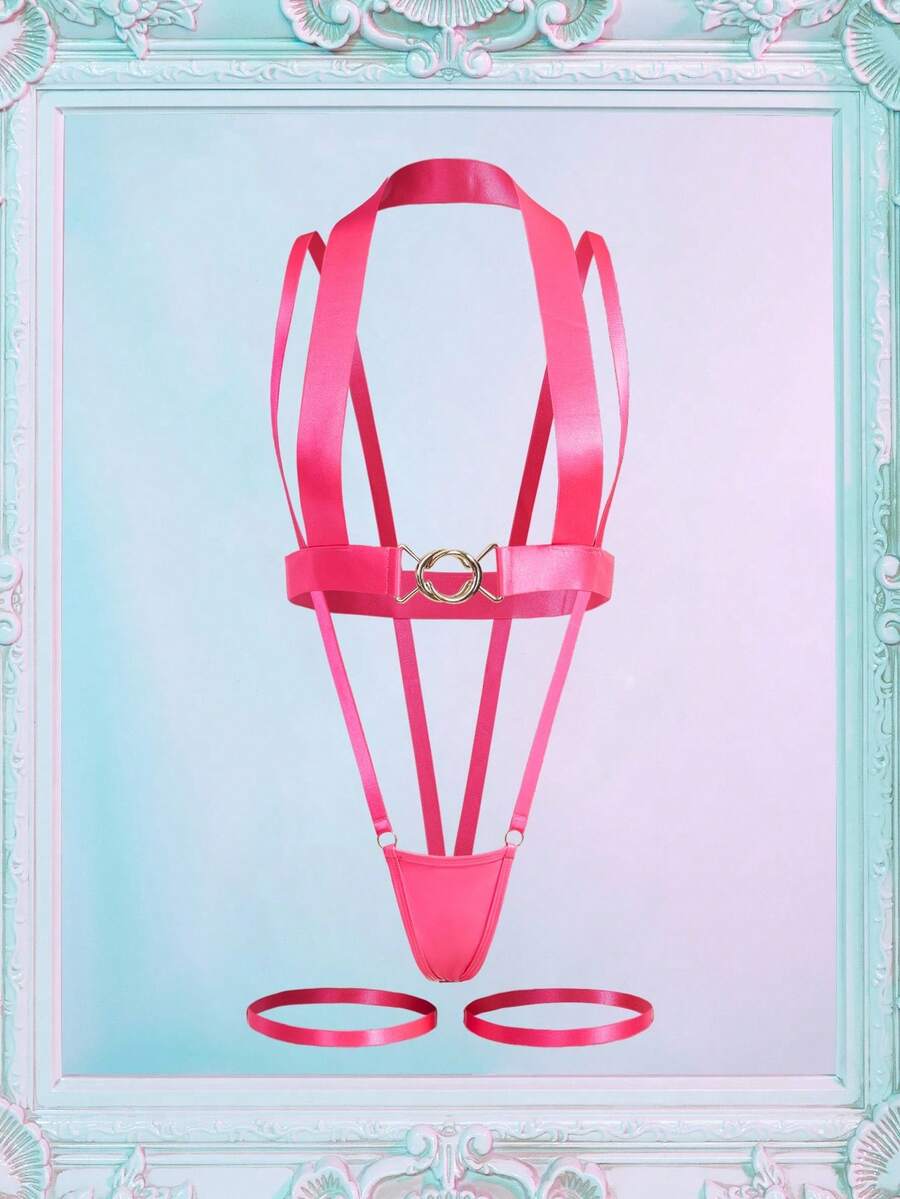 Fantasy Costume 女式性感粉色金属环装饰无袖紧身衣服装 - 玫紅色 - 查看 1