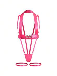 Fantasy Costume 女式性感粉色金属环装饰无袖紧身衣服装 - 玫紅色 - 查看 5