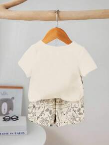 SHEIN 可爱多彩动物印花男宝宝套装，圆领短裤，男宝宝夏季服装，男宝宝夏季套装，男宝宝夏季服装，男宝宝休闲短袖夏季套装 - 彩色 - 查看 3