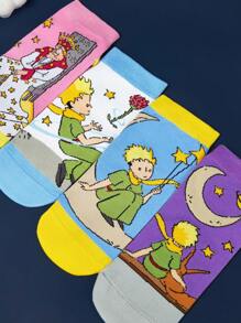 LE PETIT PRINCE X SHEIN 4 双柔软透气吸湿排汗休闲女士短袜时尚可爱卡通图案短袜加固脚趾和脚跟，适合所有季节，百搭，月亮和星星