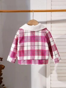 SHEIN Veste de mode mignonne à manches longues avec col en fausse fourrure à carreaux pour bébé fille, hiver - Rose vif - Voir 2
