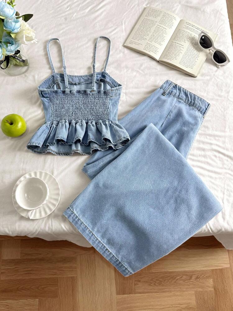 Comfortcana Conjunto de camisola de mezclilla casual y pantalones de pierna ancha para mujer - Azul lavado medio - Añade 2