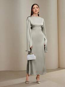 Veilorie 女式纯色圆领喇叭袖优雅连衣裙