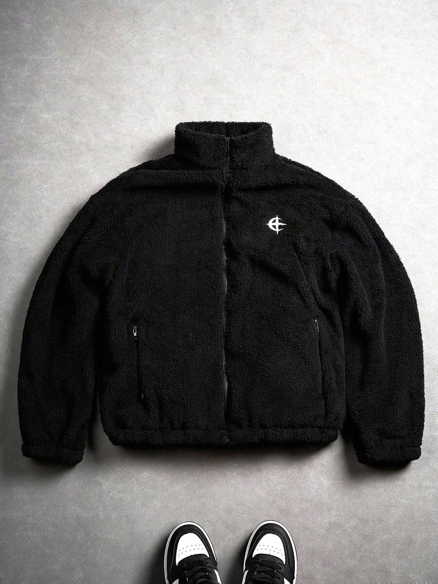 PAVTROS Manfinity Streetrush Men's Casual Embroidered Fleece Jacket, Autumn/Winter, Y2k Jacket, Cross Jacket, Letter Man Jacket, Grunge - Black - View 1