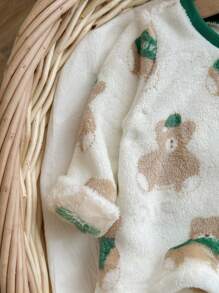 2pcs Baby Boy Bear Pattern Contrast Collar Long Sleeve & Long Pants Coral Fleece Pajama Set, Suitable For Autumn/Winter