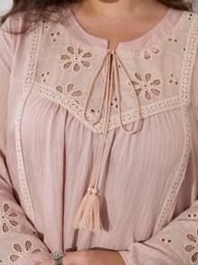 Al Najma V-Neck Tie Sleeve Embroidered Flare Dress, Spring Autumn - Pink - View 4