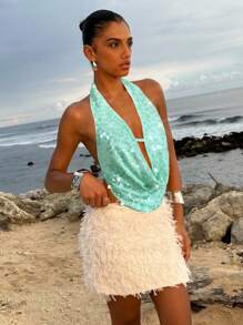 Opulessa 女士绿色露背吊带上衣，不对称下摆，饰有圆环亮片，薄荷绿围巾式上衣，美人鱼式上衣，适合秋季派对和冬季穿着。 - 綠色 - 查看 6