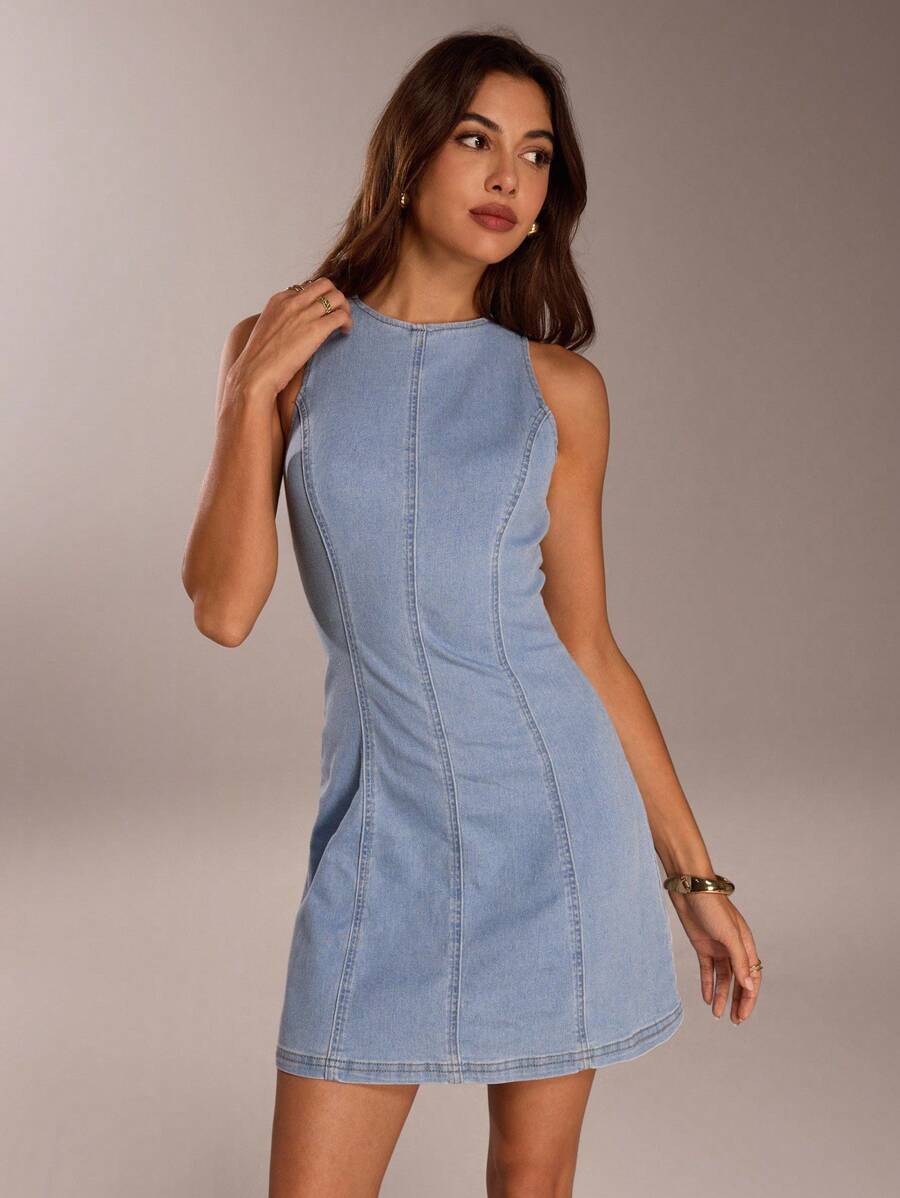 SHEIN Forever 21 女士休闲露肩牛仔连衣裙 - 淺藍色 - 查看 1