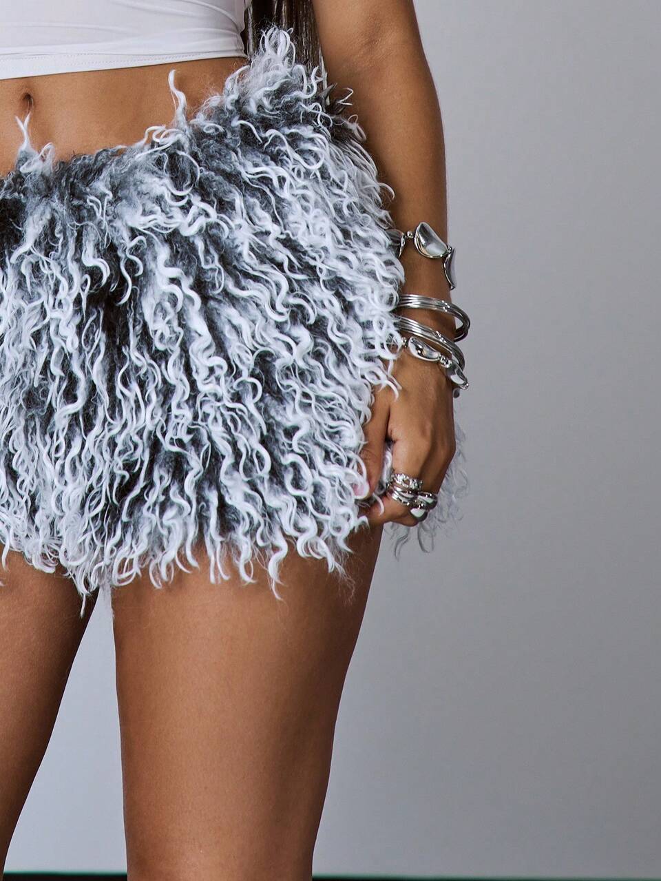 Women's Grey Faux Fur Hotpants,Low Rise Micro Shorts For Night Out Party,90s Y2K Style Autumn Streetwear,Festival Rave Clubwear Clothes