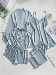 WDIRARA Women's Plus Size Satin Pajama Set | V-Neck Cami Top & Shorts With Contrast Lace | Sleepwear & Loungewear - View #14