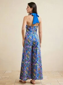 JIAN LASALA Women Multicolor Old Money Boho All-Over Print Halter Sleeveless Backless Knot Cut Out Summer Jumpsuits Vacation Floral Jumpsuit For Women Halter Jumpsuits For Women Boho Jumpsuit Jumpsuit Summer Wide Leg Jumpsuit Date Night Outfits Women Wedding Guest New Year Outfits Wedding Guest Luxury