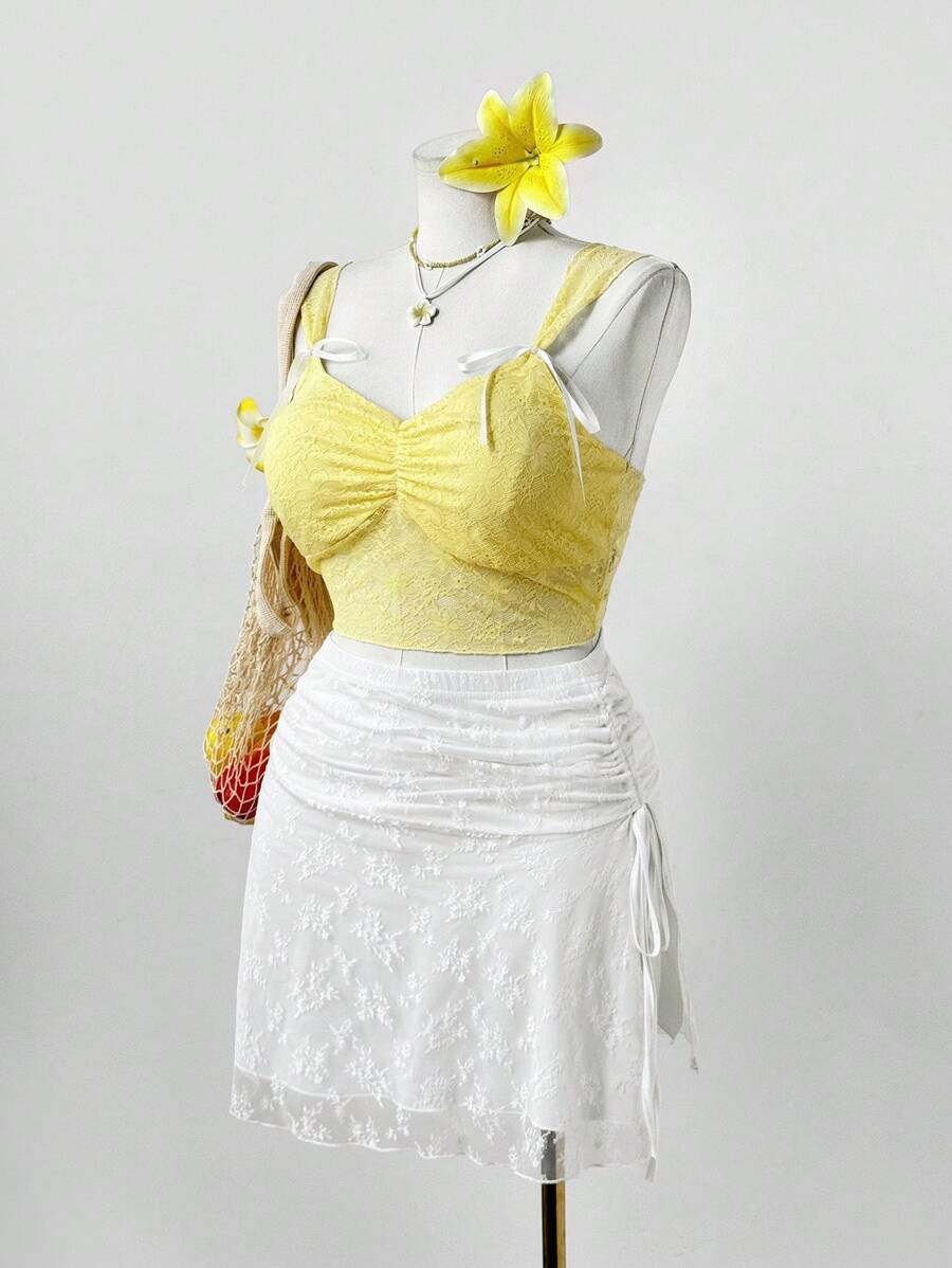 Sweetra Váy mini xếp ly ren thời trang cỡ lớn dành cho nữ, mùa hè - trắng - Xem 1