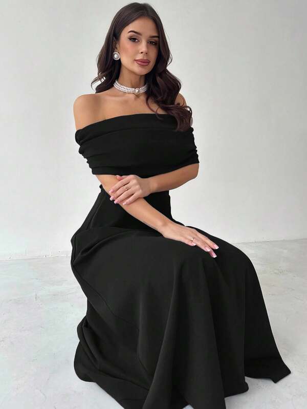 Firerie Women's Elegant Sophisticated Off Shoulder High Waist A-Line Maxi Dress,Black Autumn Dining Dress,Wedding Guest Prom Modest Classy Fashion
