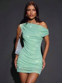 SHEIN BAE 秋冬女士夜间外出装夜店俱乐部派对装优雅闪亮水钻网眼不对称不对称肩部紧身迷你连衣裙，适合夜店派对、夜间外出、约会、性感女士俱乐部装、乡村音乐会服装、女士生日礼服、狂欢服装、女士鸡尾酒会礼服 - 綠色 - 查看 5