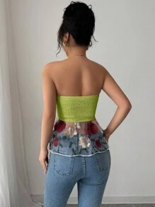 Elenzga 春夏季女士花卉刺绣拼布不对称下摆浪漫度假抹胸 - 橄欖綠 - 查看 2