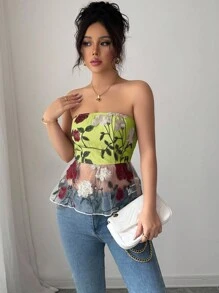 Elenzga 春夏季女士花卉刺绣拼布不对称下摆浪漫度假抹胸 - 橄欖綠 - 查看 5