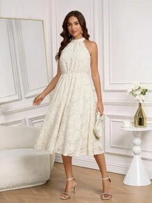 Ellevyn 女士优雅提花针织无袖 A 字连衣裙，适合春夏季 - 米色 - 查看 3