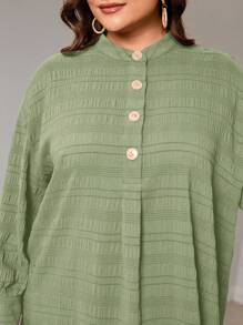 Veilorie Áo sơ mi vải họa tiết cổ tròn dài tay thường ngày cỡ lớn cho nữ, mùa hè - màu xanh lá - Xem 4