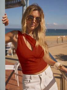 Aralina Women's Casual Vacation Asymmetrical Neck Sleeveless Top - Red - View 5