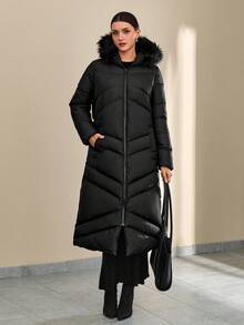 CLARA VERO Fashionable Elegant Solid Color Faux Fur Hooded Long Coat, Versatile For Winter Long Winter Coat Women Women's Winter Coats Everyday Going Out Black - Black - View 5