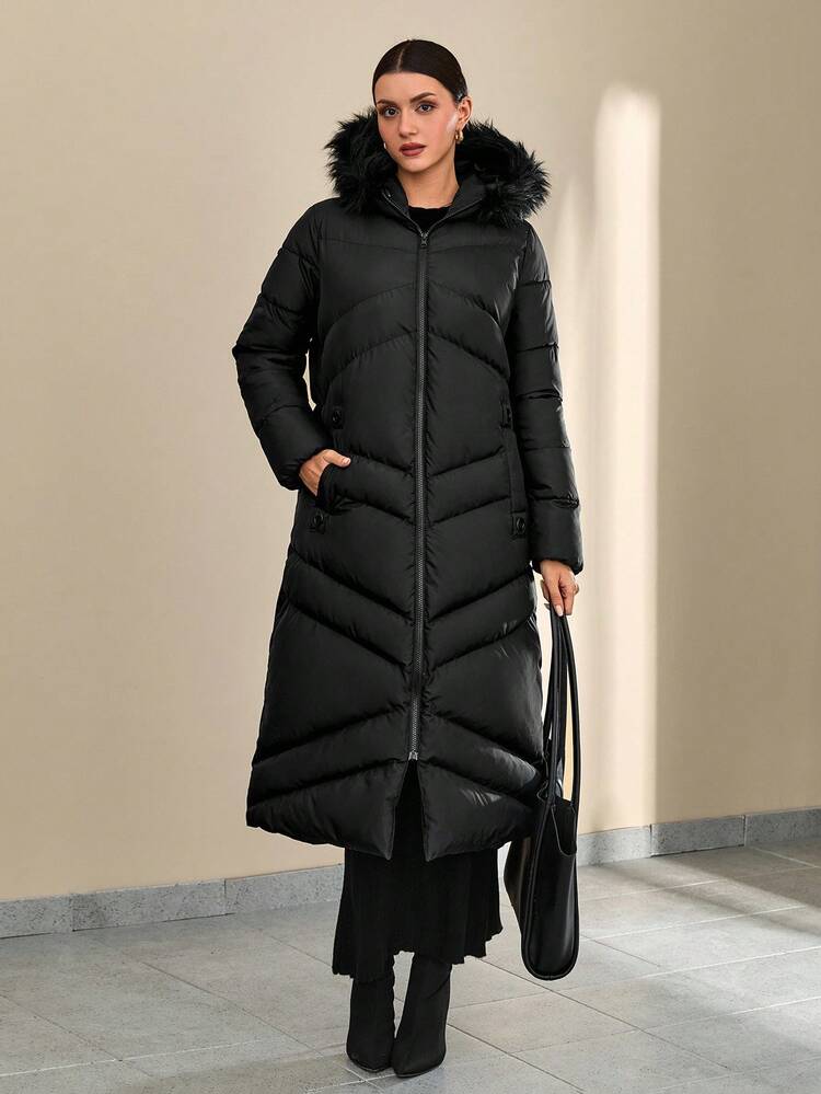 CLARA VERO Fashionable Solid Color Faux Fur Hooded Long Coat