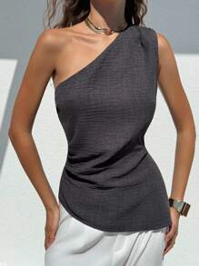 Aloruh 全新简约时尚办公室通勤不对称下摆无袖褶皱腰修身套头衫 - 灰色 - 查看 1