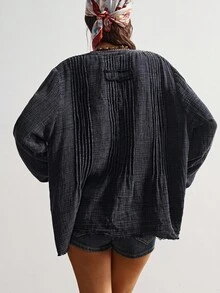 Bohemela 女士复古休闲波西米亚风黑色纯色圆领半开襟宽松长袖水洗宽松衬衫，复古西部乡村风格，适合音乐会、度假、外出、返校等场合，秋冬季穿着。 - 黑色 - 查看 8