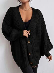 SoleilVie Women's Casual Loose Knit Cardigan With Cable Cable Pattern, Long Sleeve, Single-Breasted Knitted Sweater Clothes For University Fall Winter Cloth For Women - Black - View 3