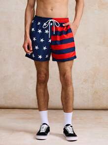 Surfspeed Men's US Flag Print Drawstring Waist Beach Shorts - Blue - View 5