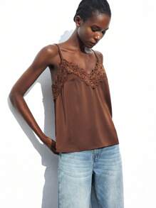 Maija 女士棕色蕾丝拼接上衣，优雅浪漫时尚舒适宽松V领可调节吊带休闲上衣，适合夏季、秋季、商务、度假，棕色吊带背心，适合度假、夏季外出、毕业典礼等场合。 - 棕色 - 查看 4