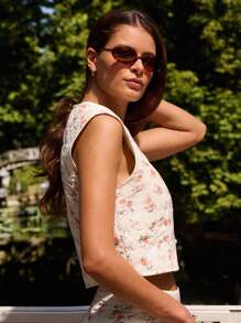 lacRébo Vintage Style Floral Print Quilted Sleeveless Button Front Waistcoat Going Out Top Spring Summer Top - White - View 4