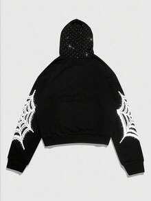 ROMWE MEN Street Life Men's Loose Fit Applique Spider Web Graphic Zip Up Hooded Sweatshirt , Fall - Black - View 2