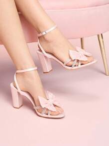 CUCCOO DOLLMOD 8.6cm Thick Heel Fashion Strap High Heel Round Toe Sandals, Pink Satin Fabric Bow Decor + Rhinestone Strap Craftsmanship - Pink - View 1