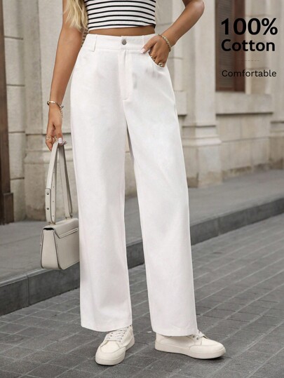 EMERY ROSE بنطلون نسائي قطني أبيض واسع الساق، بنطلون نسائي قطني أبيض كاجوال، بنطلون نسائي كاجوال أبيض فضفاض، ملابس نسائية كاجوال للخريف، ملابس للعودة إلى المدرسة