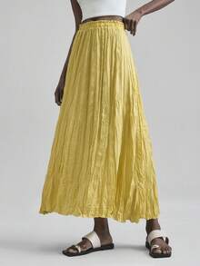 Ontre 女士纯色弹力腰褶裥长裙，简约时尚商务休闲风，适合音乐会、波西米亚海滩度假等场合 - 綠色 - 查看 4