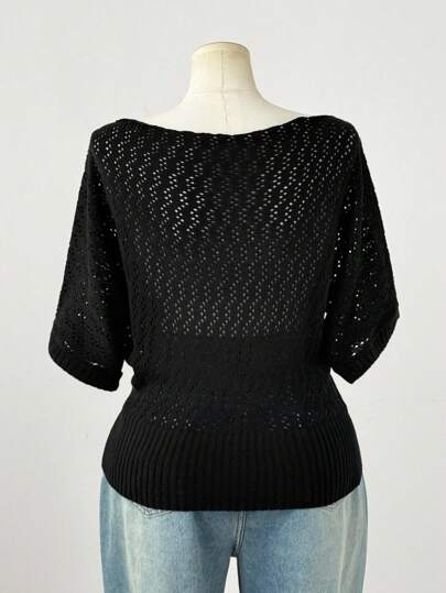 Sunspun Plus Size Women Summer Black Grunge Y2K Knit Top,Elegant Vintage Gothic Hollow Out Eyelet See Through Mesh Short Sleeve Top, Autumn Commuting Wear