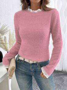 EMERY ROSE Fashionable & Sweet Lace Collar 3D Soft Faux Fur Pullover Sweater, Versatile For Autumn/Winter, European And American Style Knit Pullover Fall - Pink - View 6
